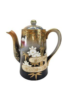 Antique Japanese Porcelain Teapot With Hand-Painted Bamboo & Flower Motif JE326